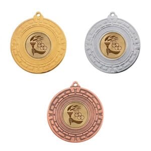 Medalla deportiva ALOIA con emblema central, en sus tres acabados: oro, plata y bronce