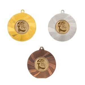 Medalla deportiva AREOSA con emblema central, en sus tres acabados: oro, plata y bronce