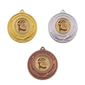 Medalla deportiva BAIA con emblema central, en sus tres acabados: oro, plata y bronce
