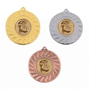 Medalla deportiva DUBRA con emblema central, en sus tres acabados: oro, plata y bronce