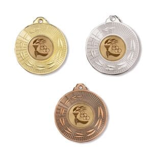 Medalla deportiva EIRA con emblema central, en sus tres acabados: oro, plata y bronce