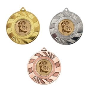 Medalla deportiva EUME con emblema central, en sus tres acabados: oro, plata y bronce