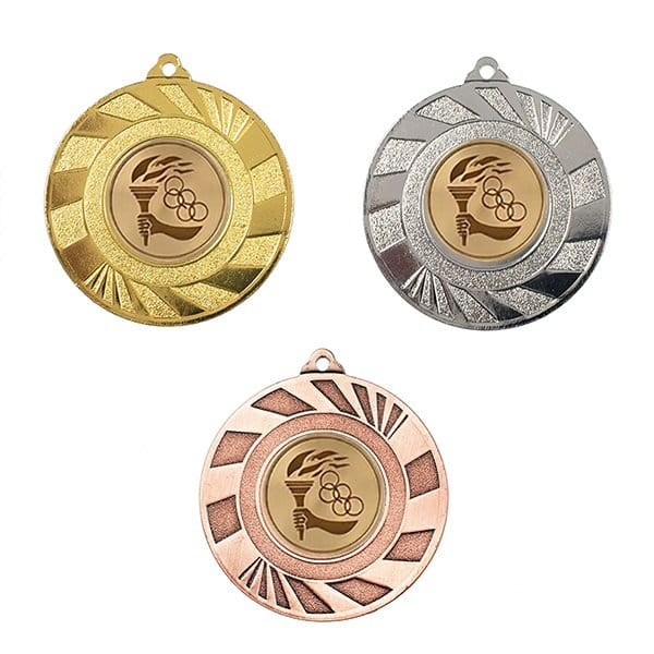 Medalla deportiva EUME con emblema central, en sus tres acabados: oro, plata y bronce