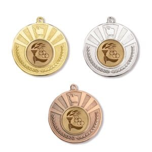 Medalla deportiva INSUA con emblema central, en sus tres acabados: oro, plata y bronce