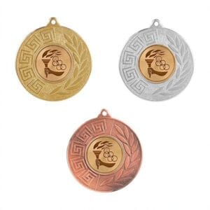 Medalla deportiva LOIBA con emblema central, en sus tres acabados: oro, plata y bronce