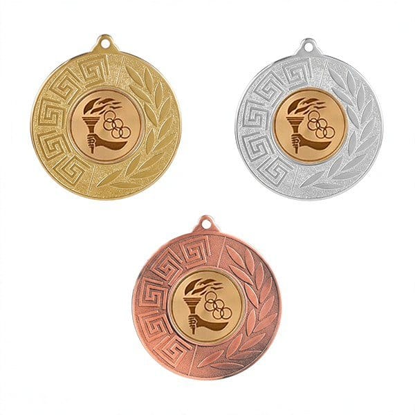 Medalla deportiva LOIBA con emblema central, en sus tres acabados: oro, plata y bronce