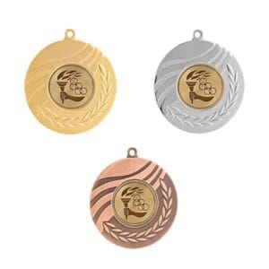 Medalla deportiva RIBEIRA con emblema central, en sus tres acabados: oro, plata y bronce