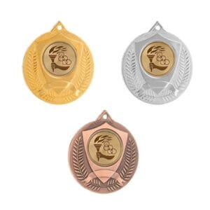 Medalla deportiva VEIGA con emblema central, en sus tres acabados: oro, plata y bronce