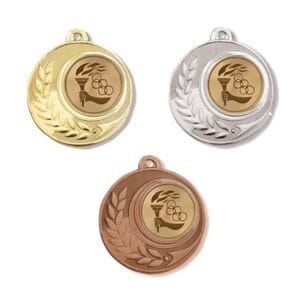 Medalla deportiva XUNCA con emblema central, en sus tres acabados: oro, plata y bronce
